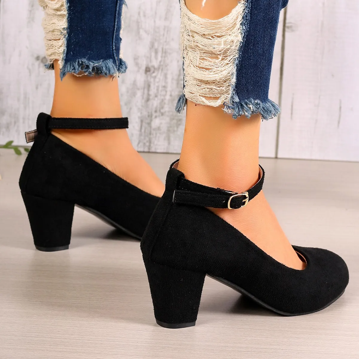 Women Sexy Black Ankle Strap High Heels Autumn Woman Flock Round Toe Pumps Female Suede Buckle Fashion Shallow Pumps