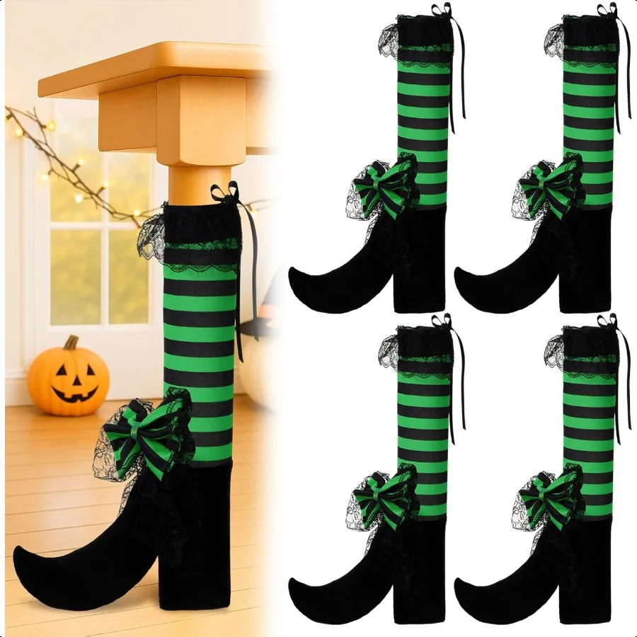 

4 Pack Halloween Witch Legs Decor Witch Striped Table Leg Stocking Chair Leg Covers for Halloween Parties BlackGreen
