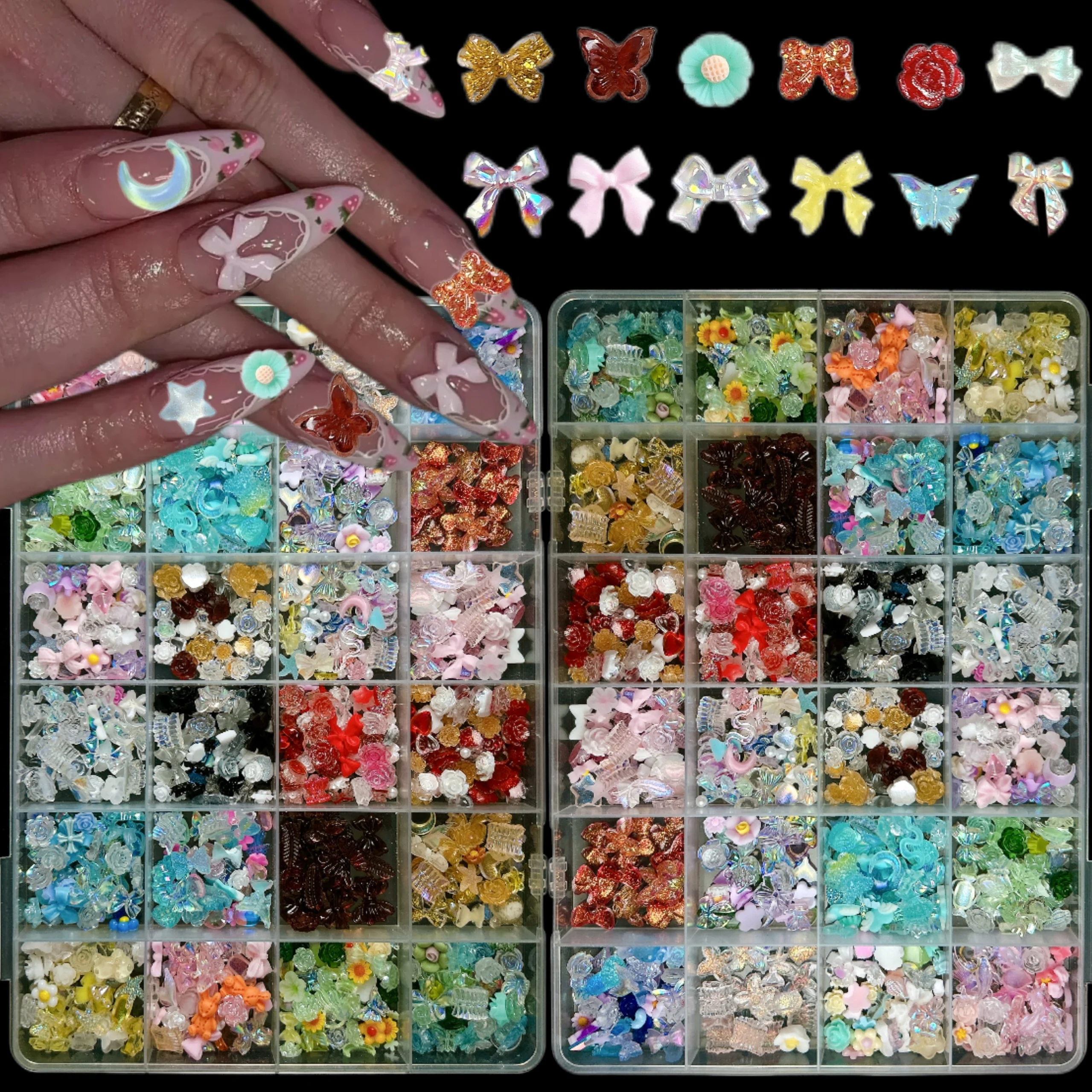 1 صندوق متعدد نمط الشريط الانحناء العلاقات الراتنج مسمار الفن زينة ثلاثية الأبعاد الملونة كاميليا فراشة محارة مختلط مسمار السحر لتقوم بها بنفسك الأظافر