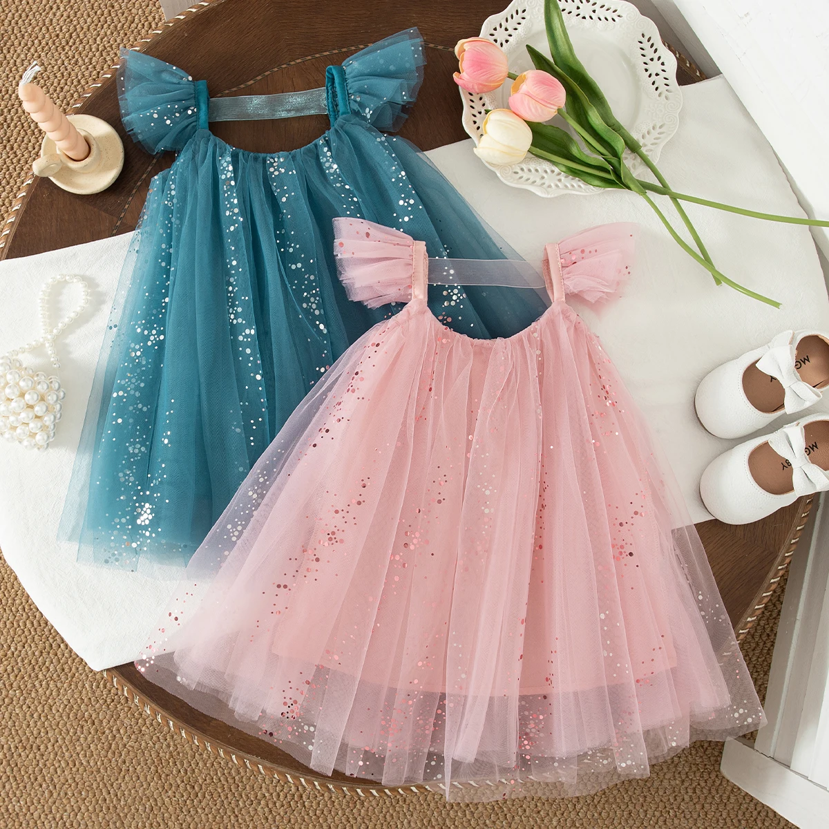 Mädchenkleid Sommer Pailletten-Netz Prinzessinnenkleid für Babymädchen Entzückendes Hochzeits-Blumenmädchen-Outfit Babykleidung