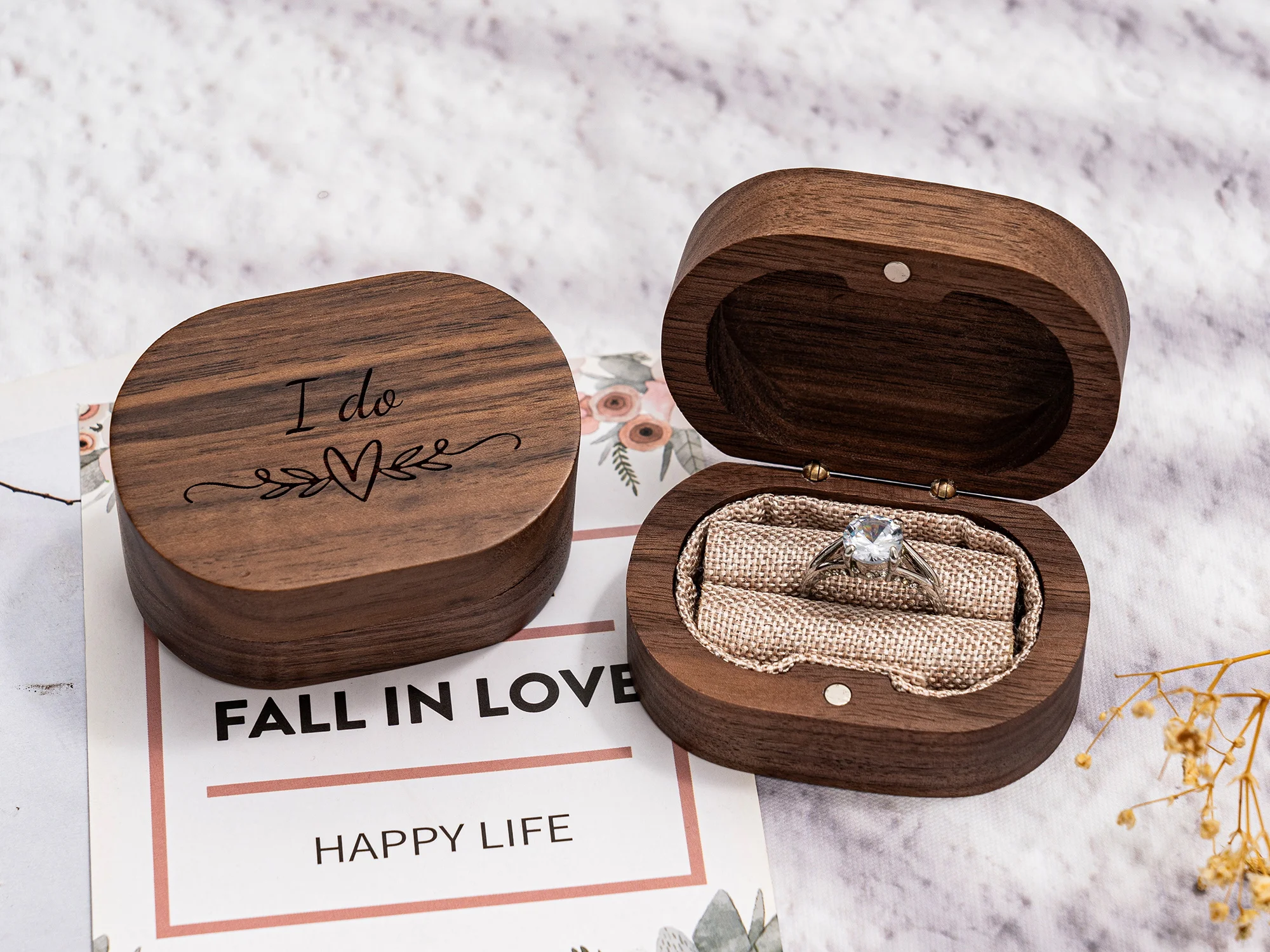 

Handcrafted Walnut "I Do" Engraved Ring Box - Rustic Square Double Wood Wedding & Engagement Ring Holder, Perfect for Proposals