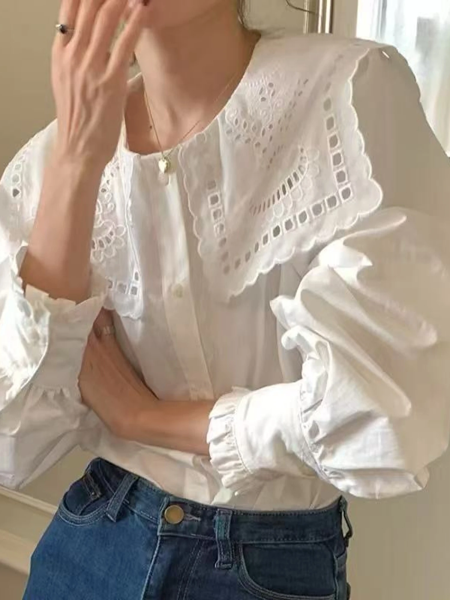 Elegant Embroidered Hollow out Large Collar Single Button Fashionable Anti-Aging White Shirt Women's Inner Wear Top