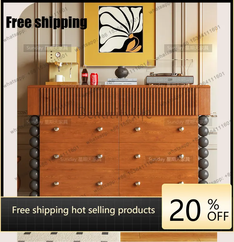 Factory Direct vintage style color-blocked Roman column-style sideboard, living room wood-colored multifunctional cabinet