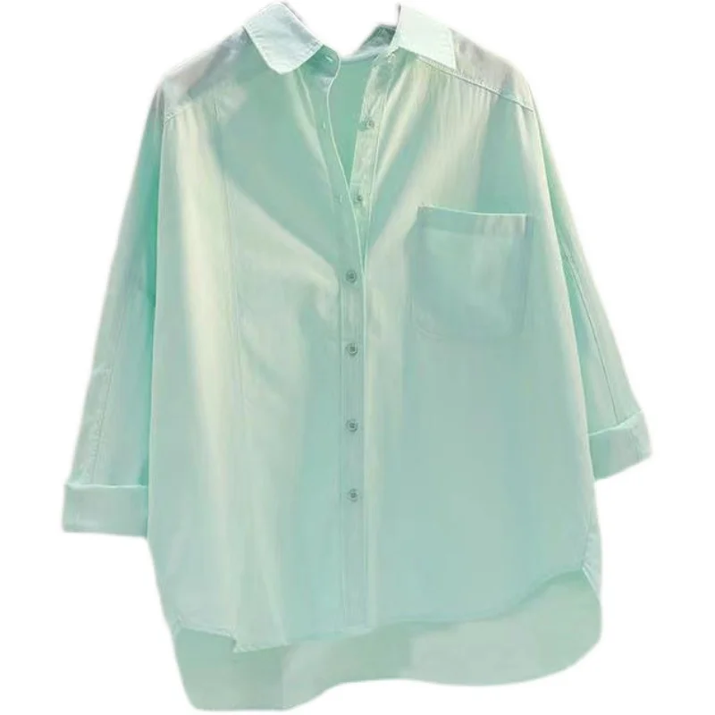 Kemeja katun murni hijau Mint segar 2024 kerah wanita musim panas baru mantel lengan panjang kancing sebaris pakaian pelindung matahari kasual