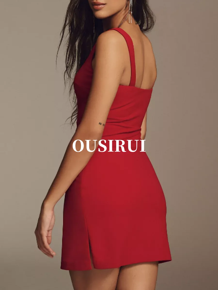 OUSIRUI 2024 Red Skirt Mini Dress Square Collar Evening Gown Woman Halter  Zipper Tight Fashion Luxury Intellectual Prom Bridesm