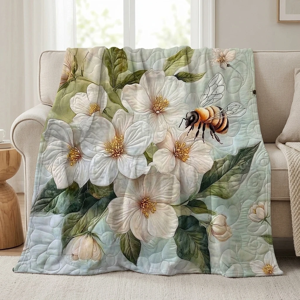 1PC Botanical Bee & Jasmine Floral Art Thick Flannel Throw Blanket, Soft Warm Portable Throw, Perfect Gift for Adults Boys Girls