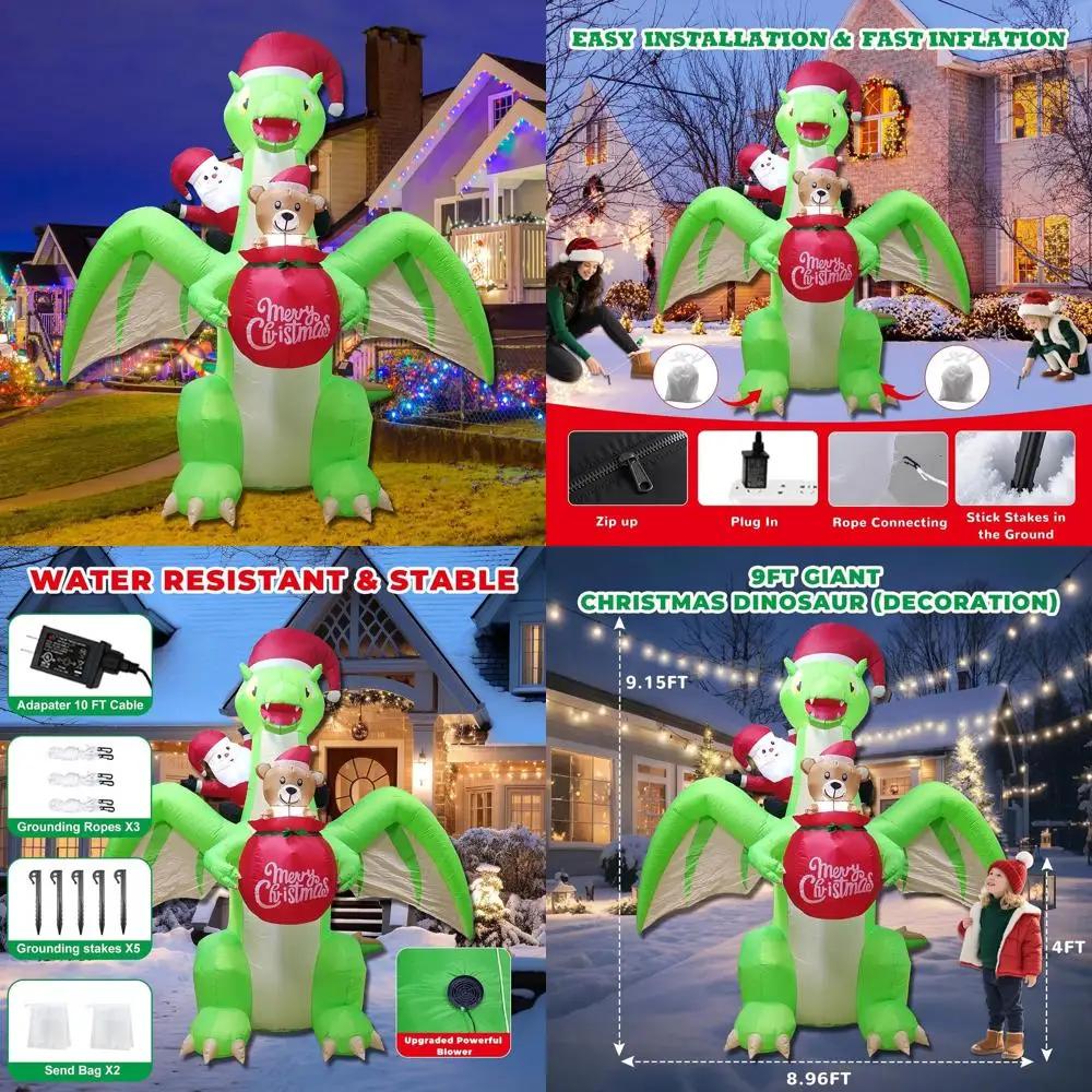 

9-Foot LED-Lit Santa Riding Dinosaur Christmas Inflatable, Weatherproof for Indoor/Outdoor Holiday Decor