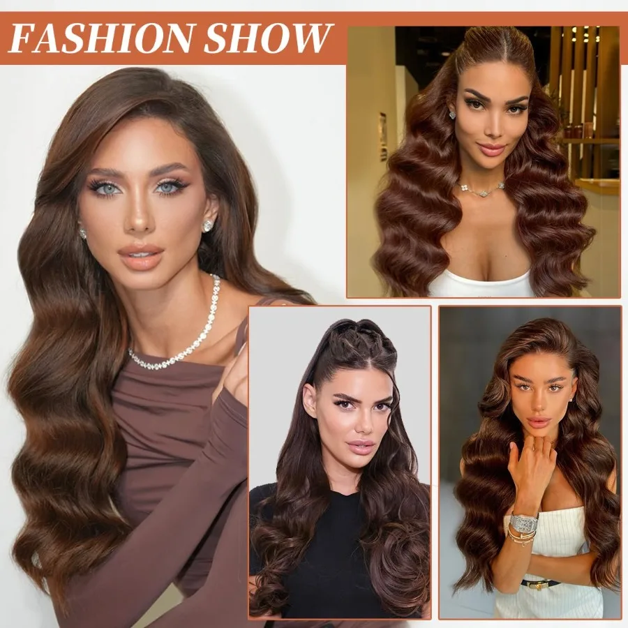 باروكات صناعية بدانتيل أمامي مقطوعة مسبقًا 26 بوصة طويلة مموجة بالشوكولاتة بني 100 فوتورا بريميوم 13x4 باروكات دانتيل عالية الدقة للنساء ذوات البشرة السمراء