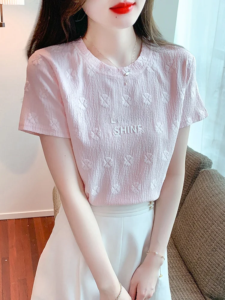 Bawełniana koszulka z nadrukiem liter, damska, letnia, nowa, z okrągłym dekoltem, odsłaniająca ramiona, odpowiednia, modna, młodzieżowa bluzka.