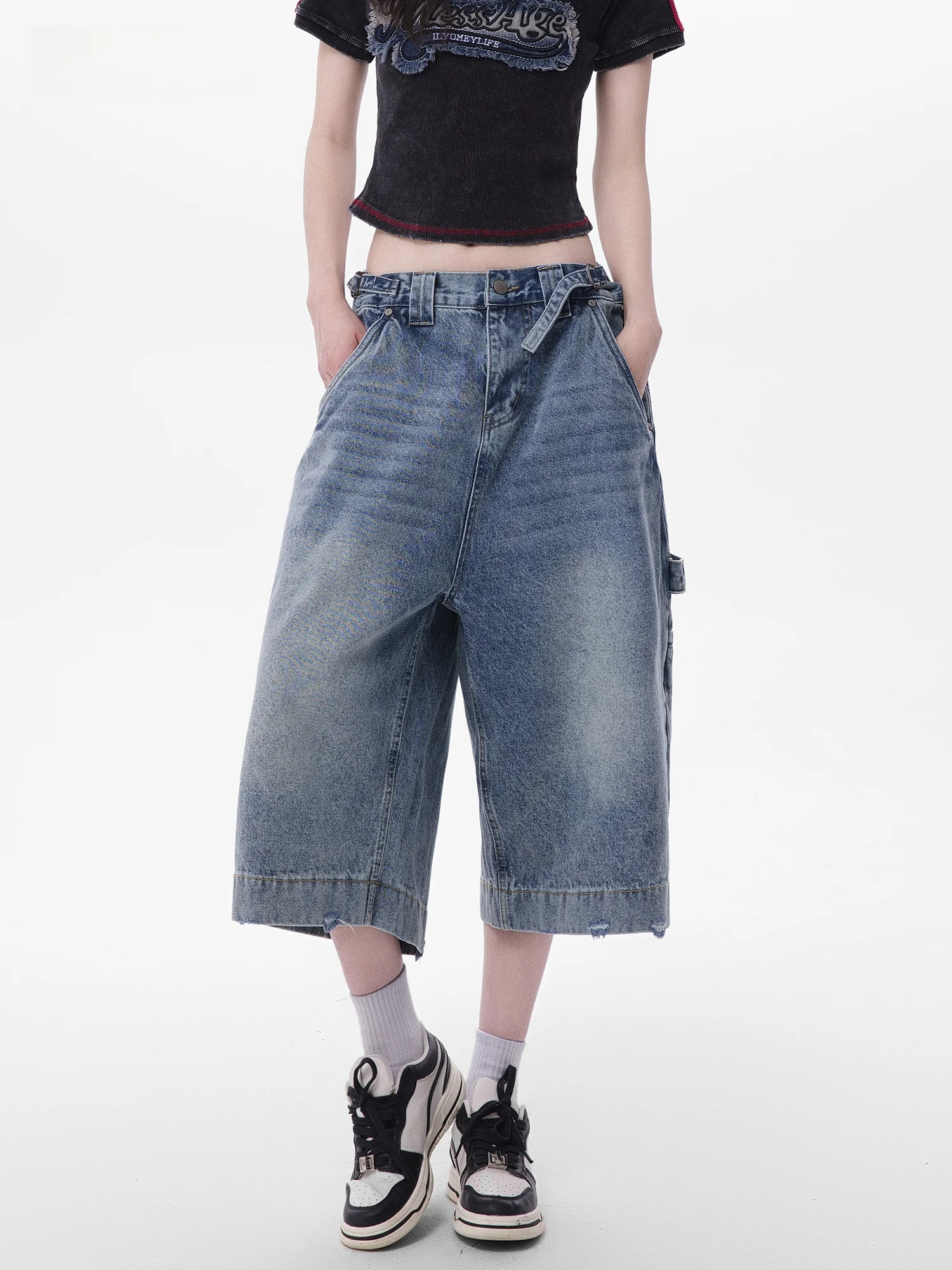 

Washed American Style Seven-Foot Jeans Women Summer New Loose CleanFit Short Pants Casual Wide Leg Jeans Natural Waist