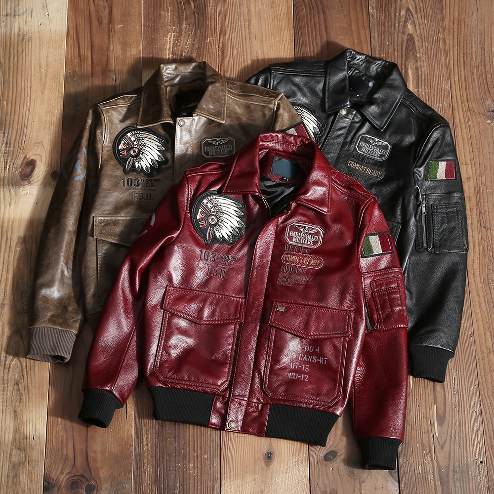 Classic Indian Embroidery Leather Jacket Men Aviation Fight Coat Genuine Cowhide Natural Leather Clothing Motorcycle Asian Size