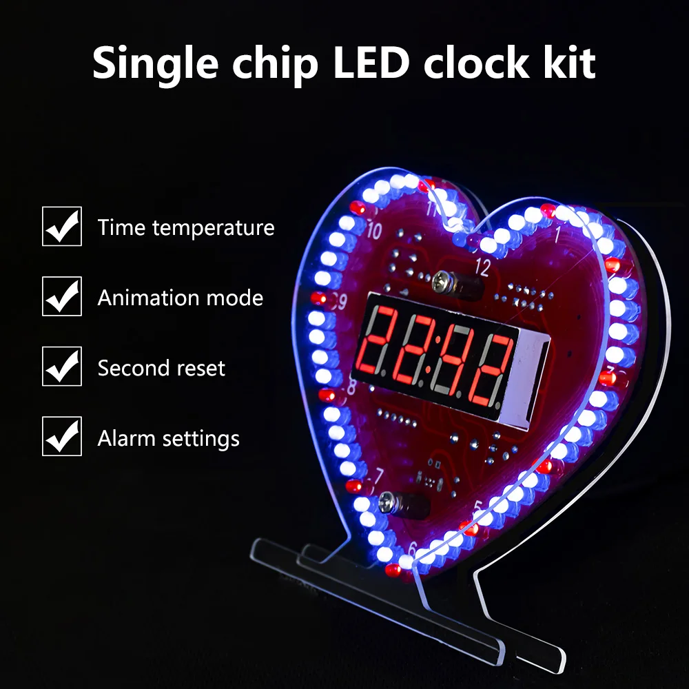 Kits de Despertador em Forma de Coração para Menina Suíte de Solda com Luz Led Dígitos Data Hora Temperatura Semana Faça Você Mesmo Presente de Aniversário