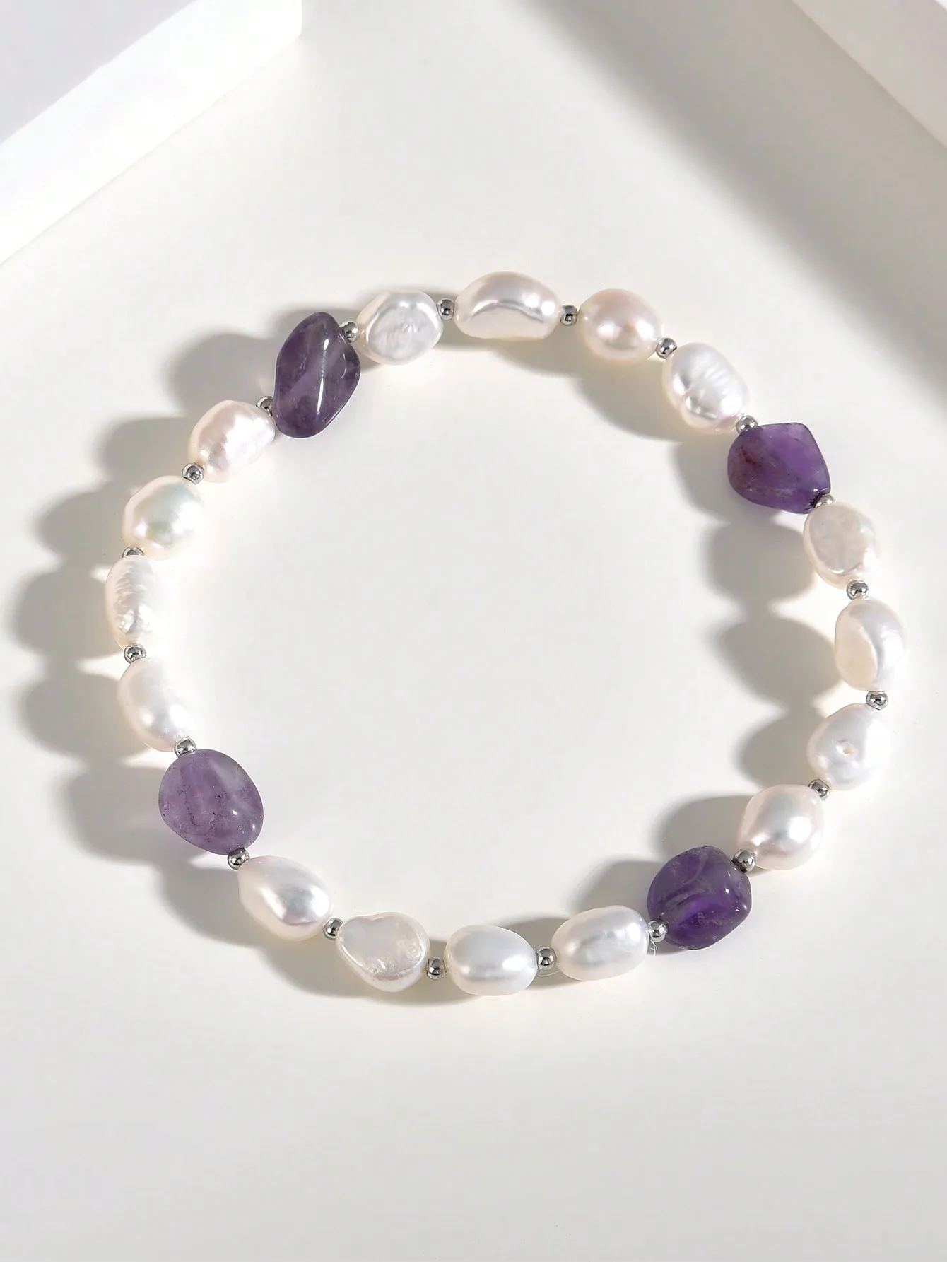 925 Sterling Silver Natural Freshwater Pearl Stretch Bracelet Amethyst/Prehnite Stone Elegant Handmade Jewelry Gifts For Women