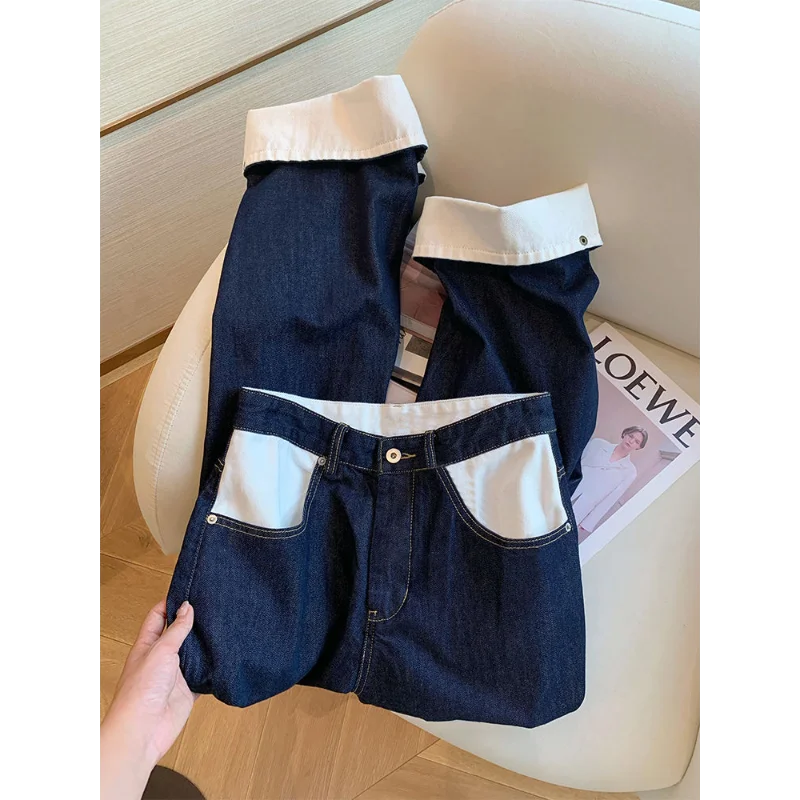 American Retro Contrasting Color Straight Jeans Women's Spring New Design Slim Straight Jeans