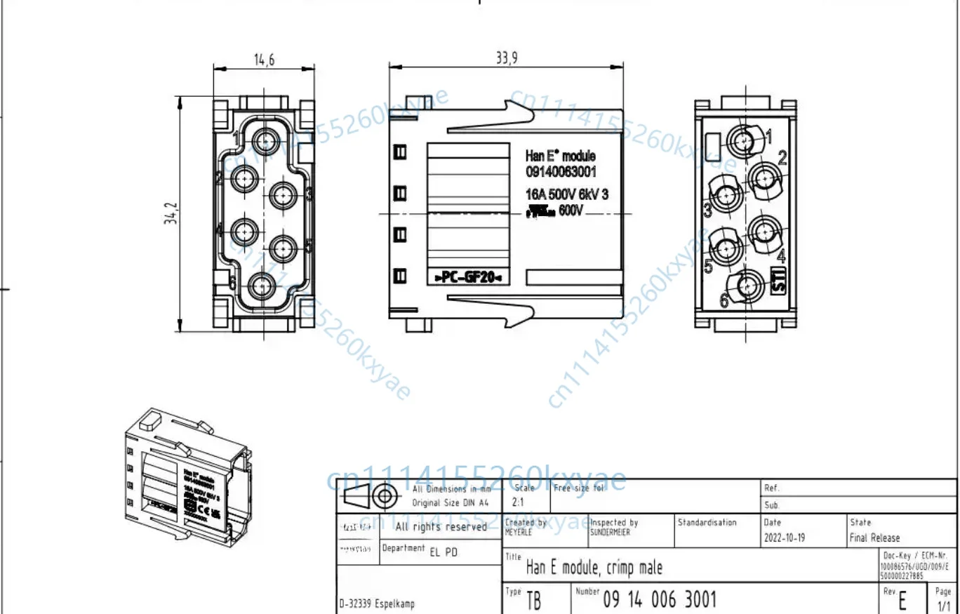 1pc 09140063001 combination heavy-duty han16a 6-core crimp module male ferrule (m) accessories