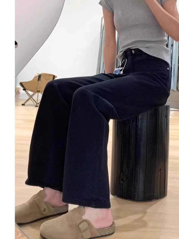 

Прямые джинсы с высокой талией, женские летние джинсы больших размеров, свободные обтягивающие бедра, широкие длинные брюки