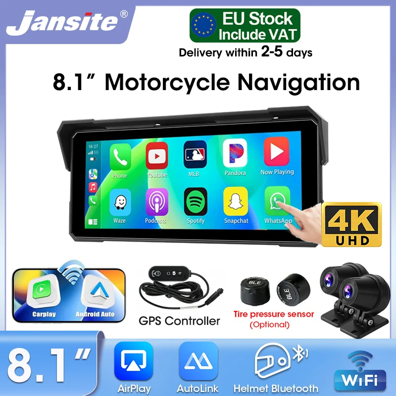 Jansite 8.1" DVR portable pour moto avec navigation, caméra avant 4K et caméra arrière 1080P, Carplay sans fil, Android Auto, enregistreur de conduite moto, GPS, capteur G, double Bluetooth, surveillance de la pression des pneus