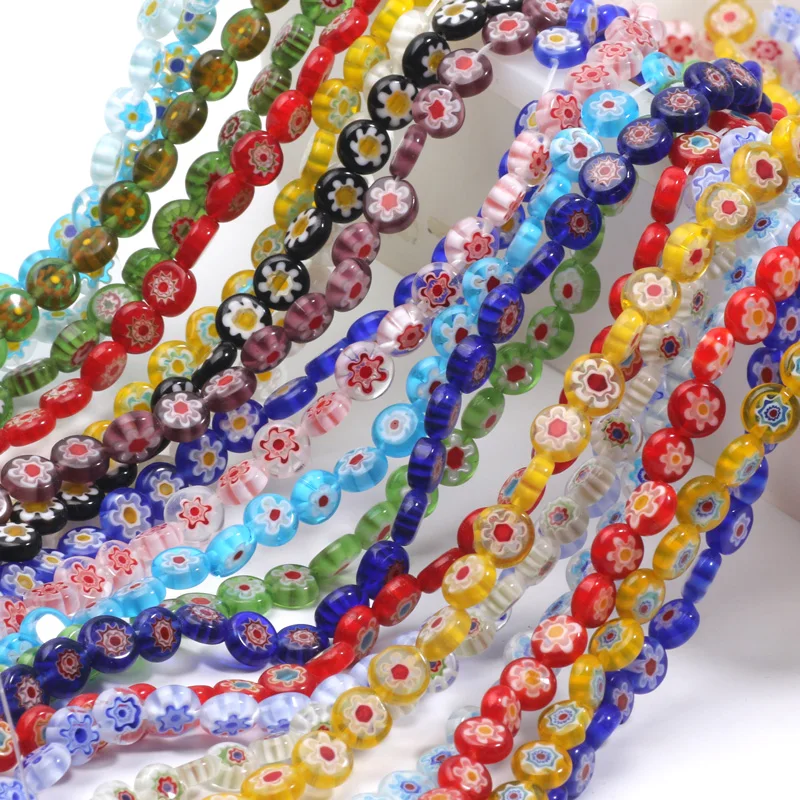 48pcs 8mm Flat Round Glass Beads Multicolor Lampwork Flower Murano Beads For Jewelry Making Bracelet Diy Crafts Accessories