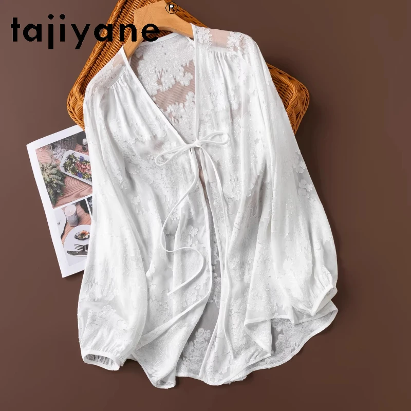 

TAJIYANE 100% Mulberry Silk White Shirt Women V-neck Shirts Real Silk Lantern Sleeve Spring Tops Woman Clothes 2026 рубашка