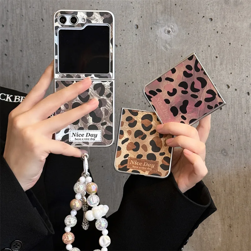 

Electroplated Leopard Print Phone Case for Samsung Galaxy Z Flip 6 5 4 3 Protective Back Cover for ZFlip4 ZFlip5 ZFlip6 Shell