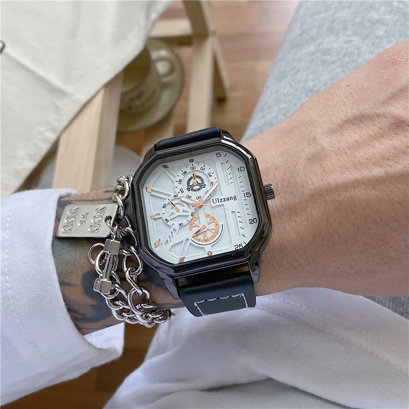 YIKAZE Alloy Men Quartz Watches Leather Strap Big Dial Student