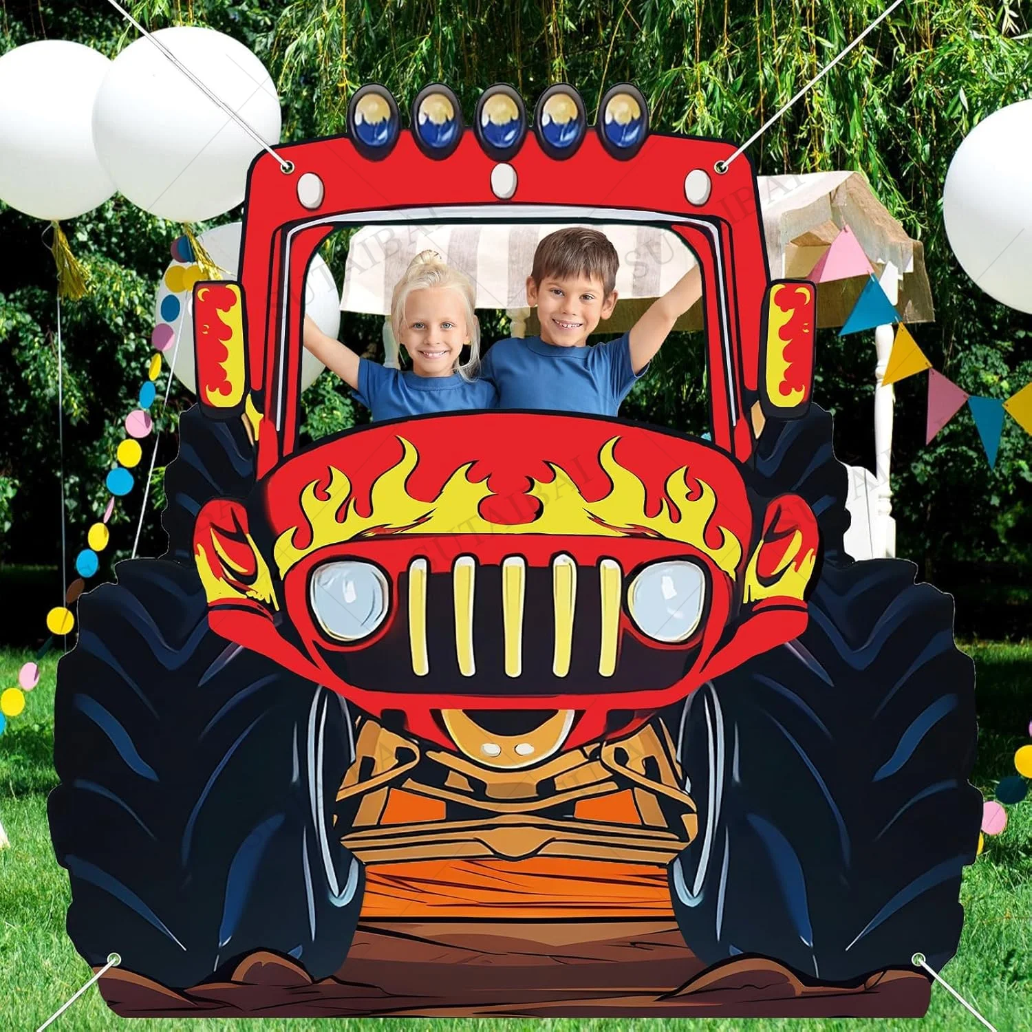 Monster Truck Photo Banner Booth Puntelli Grande mostro Foto Sfondo Decorazioni per feste Enorme mostri Truck Sfondo Banner Gioco divertente