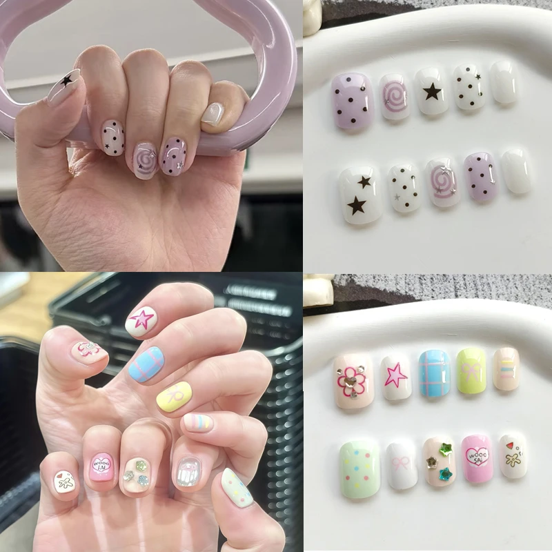 10Pcs Summer Colorful Dopamine-inspired Small Fresh Press on Nails Detachable Nail Patches Polka Dot Cat Eyes Fake Nails Art