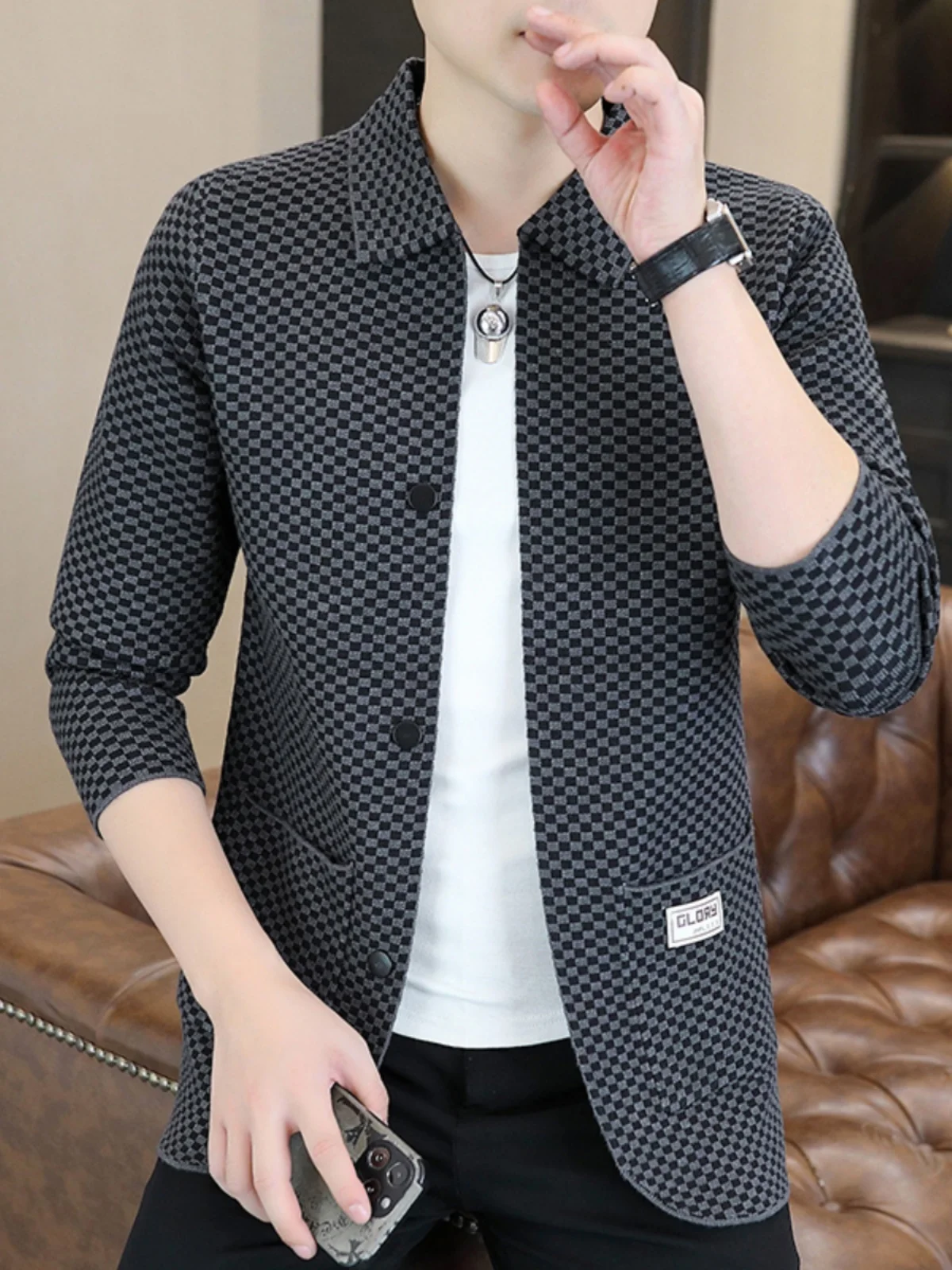 

Весенне-осенний вязаный свитер-кардиган мужской, приталенный, с тонким воротником, повседневный, модный, высококачественный, в корейском стиле, на пуговицах