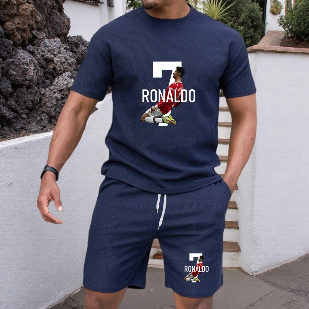 

Men's summer new casual short-sleeved T-shirt set, fashionable outdoor men's round-neck pullover + sports shorts 2-piece set