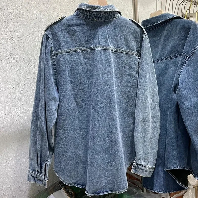 Casualowy wzór Jean bluzki damskie pojedyncze piersi kieszeń Vintage jeansowe koszule nowa wiosna jesień myte moda Blusas Mujer