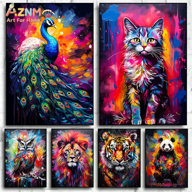 AZNM Colorful Graffiti Style Animal Canvas Wall Art, Vibrant Pop Art Peacock Cat Owl Lion Tiger Panda Print Poster, Unframed Mod