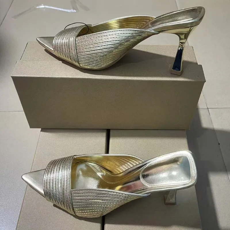 Sexy Peep Toe Wome Mules Shoes Luxury Gold Elegant Daily Wear Slingback Brand Design Summer High Heels Ladies Modern Sandals image 4
