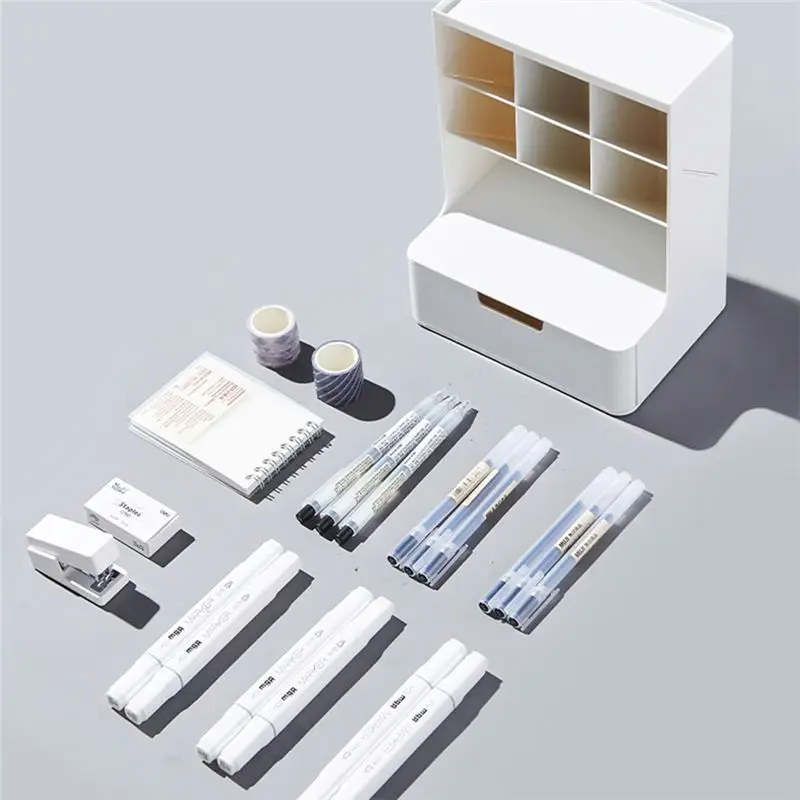 DT19 6+1 Drawer Desktop Storage Box Pencil Makeup Organizer Plastic Storage Bins for Office School Supplies Stationery White