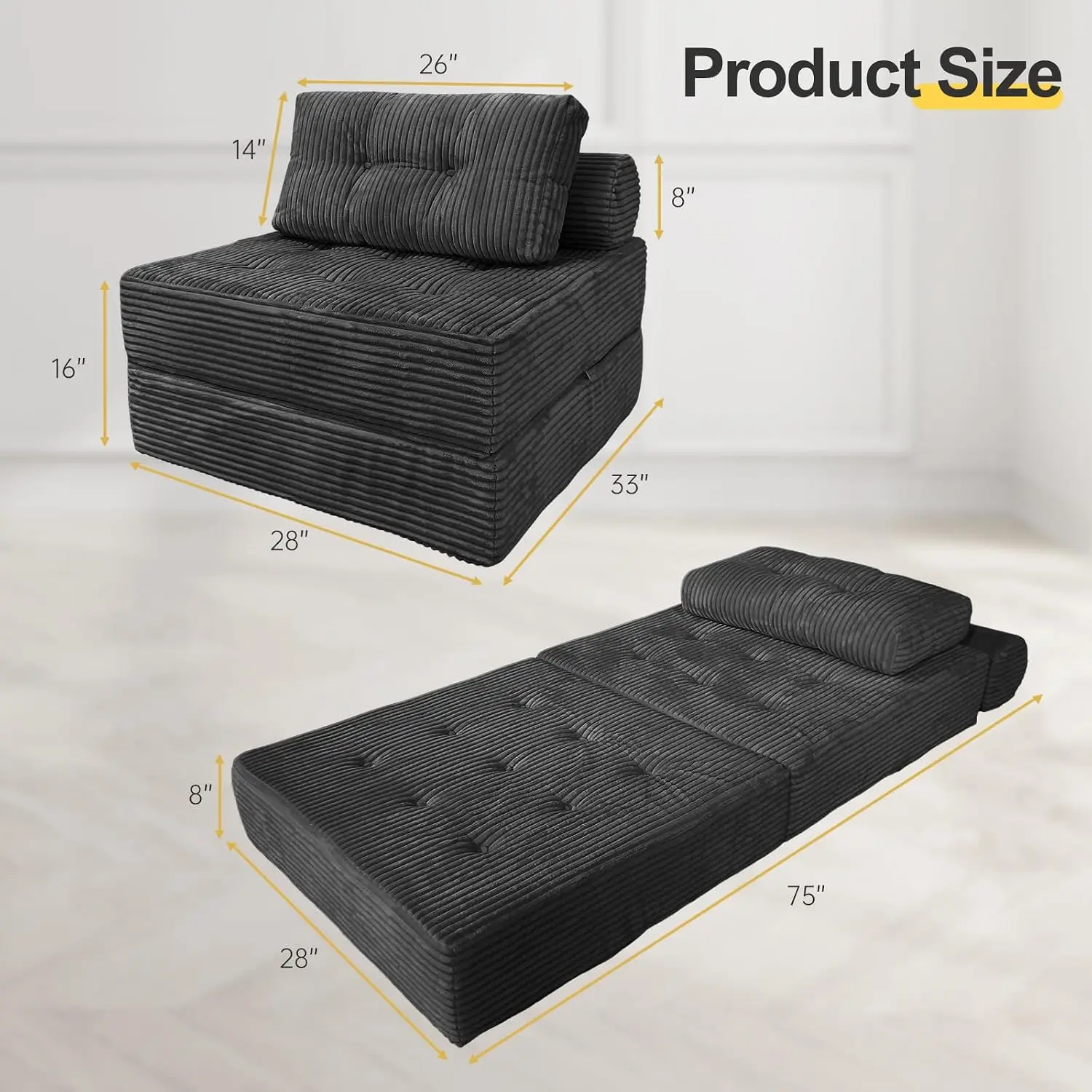 Folding Sofa Bed Convertible Couch Chair with Pillow, Boneless Sleeper Sofa | Velvet Futon Chair with Back Support, Portable Fol