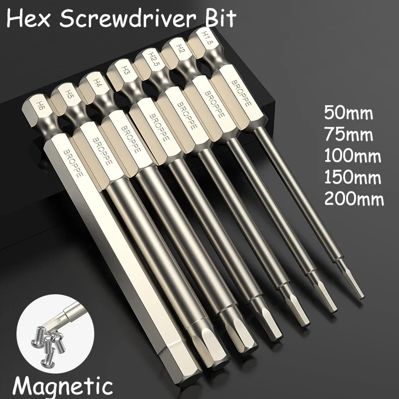 

50/75/100/150/200mm H1.5-H10 Hex Socket Screwdriver Bit Magnetic Electric Batch Head High Hardness S2 Alloy Steel 1/4" Shank