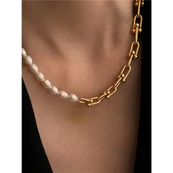 Brass With 18K Real Frewater Pearl Linked Necklaces Women Jewelry Punk Hiphop Designer Runway Simply Gown Boho Top Japan Korean