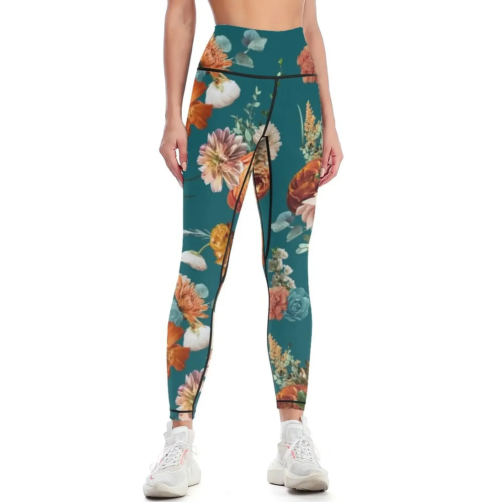 

Autumn Teal Floral Leggings Women's push up push up tights for sports for sportswear for gym Womens Leggings
