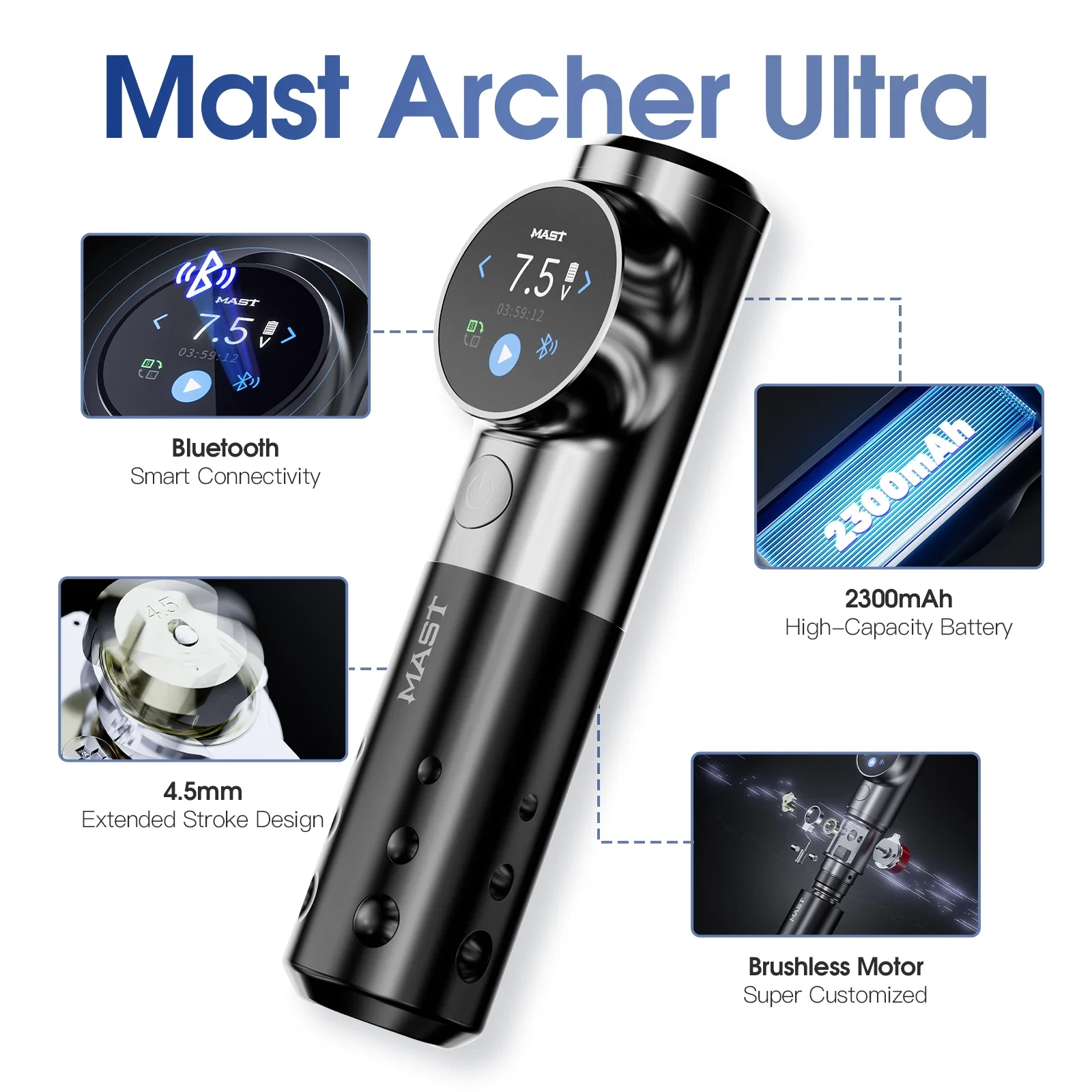 Mast Wireless Tattoo Machine Gun Archer Ultra Touch Smart Control Screen 4.5mm Stroke Ultra Quiet Mcore Motor for Body Artist