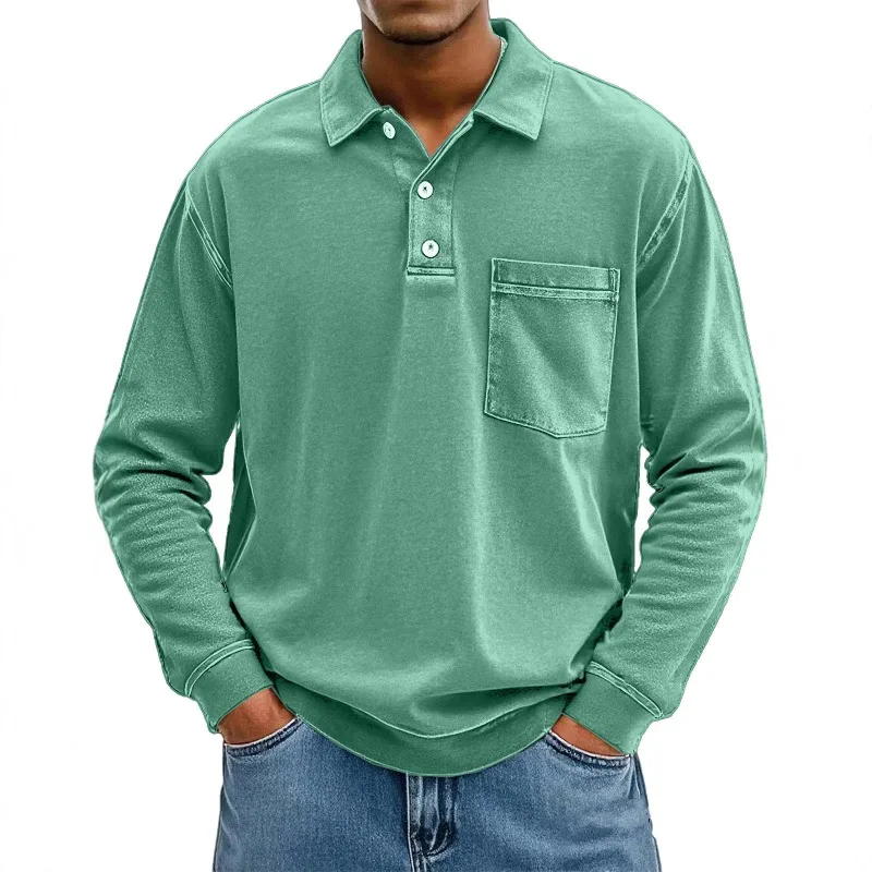 

New Casual Versatile Men's Lapel POLO Shirt Solid Color Long-sleeved Top