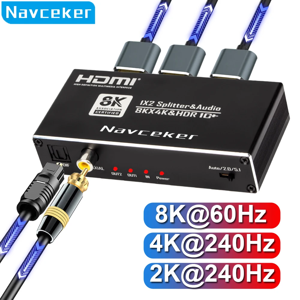 

HDMI-сплиттер Navceker 8K 1x2, 4K 240 Гц, 1 вход 2 выхода, экстрактор аудиосигнала HDMI, конвертер HDMI в оптический для ноутбуков, Apple TV, Xbox, PS5