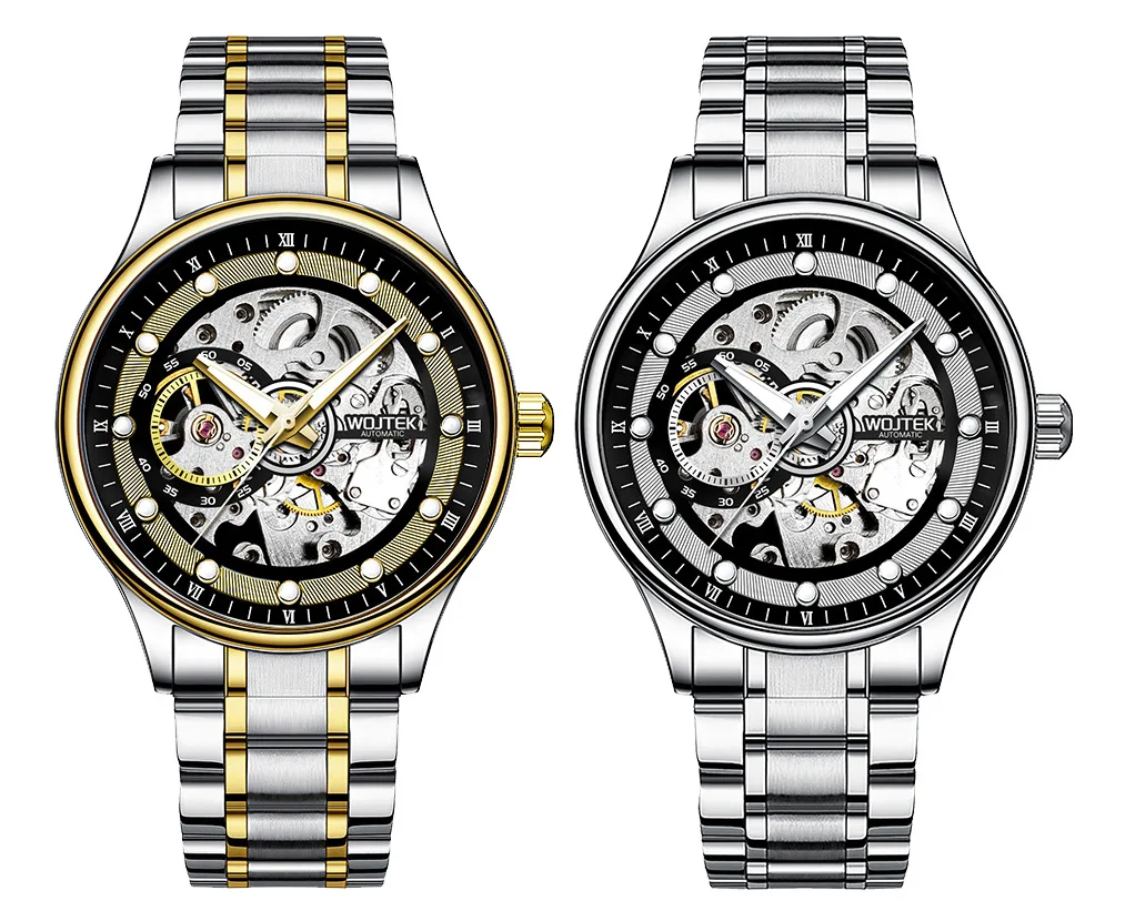 WOJTEK Men Hollow Mechanical Watch Solid Stainless Steel Band Waterproof Luminous Business Fashion Male Wristwatch Reloj Hombre