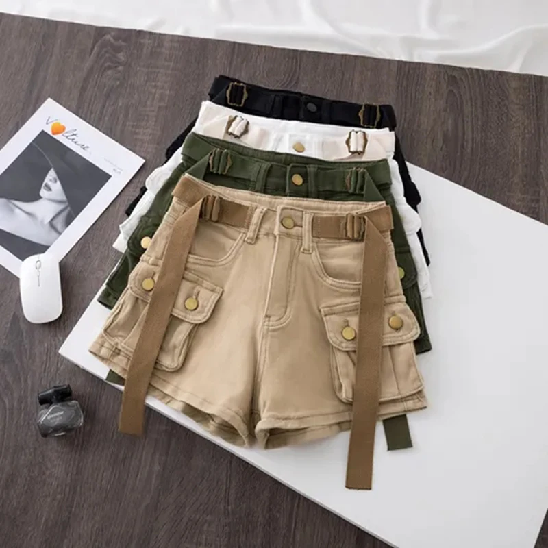 

Y2K Cargo Jeans Shorts Women Summer High Waist Pockets Solid Belt Casual Shorts Korean Streetwear A Line Denim Shorts New