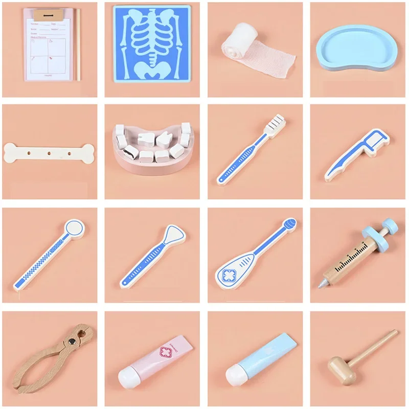 Giochi di finzione in legno Giocattoli educativi da dottore per bambini Set di cassette per medicinali di simulazione medica per giochi di ruolo per bambini Finta
