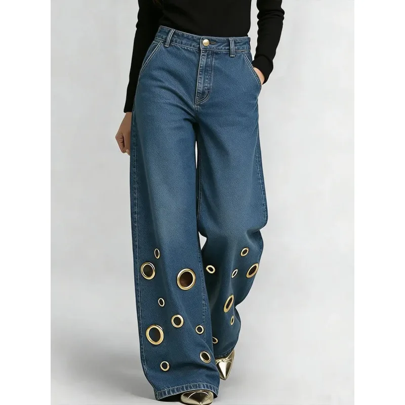 High Waist Women'S Luxury Baggy Jeans 2026 Pants Y2K Punk Hollow Metal Rivet Wide Leg Denim Pants Grunge Summer Spring Vintage