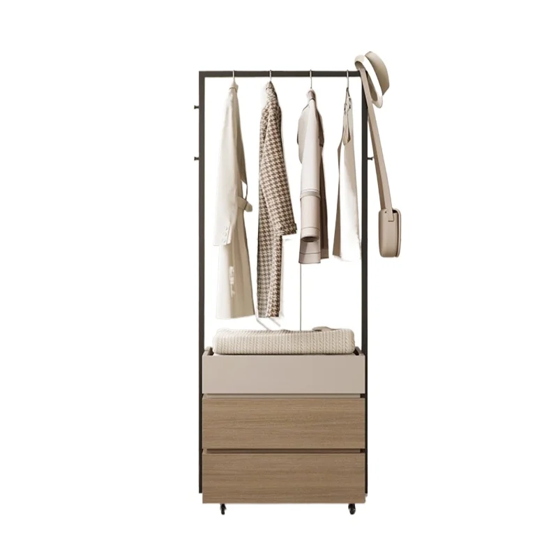 

Solid wood coat rack bedside table integrated, bedroom floor hanger storage cabinet, simple and small