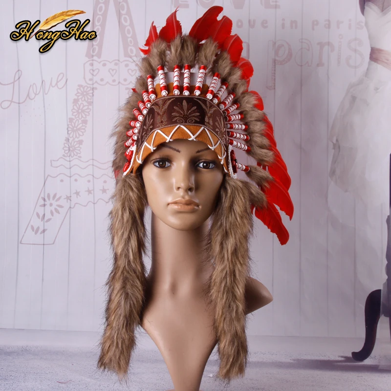 Handmade Indian Feather Headdress Red Goose Plumas Costume Chief Feather Hat Headband Carnival Party Bonnet Halloween Decoration