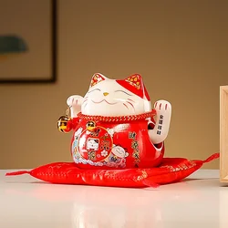 Ceramic Beckoning Lucky Cat, Battery Powered, Fortune Cat, Waving Arm, Maneki Neko Gift Box, Home Decoration, Centerpiece, 4.5