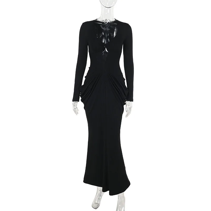 Abito da sirena aderente nero con scollo a V vintage con pannelli in pizzo Abito da festa increspato slim fit europeo americano Abito da abbigliamento alla moda