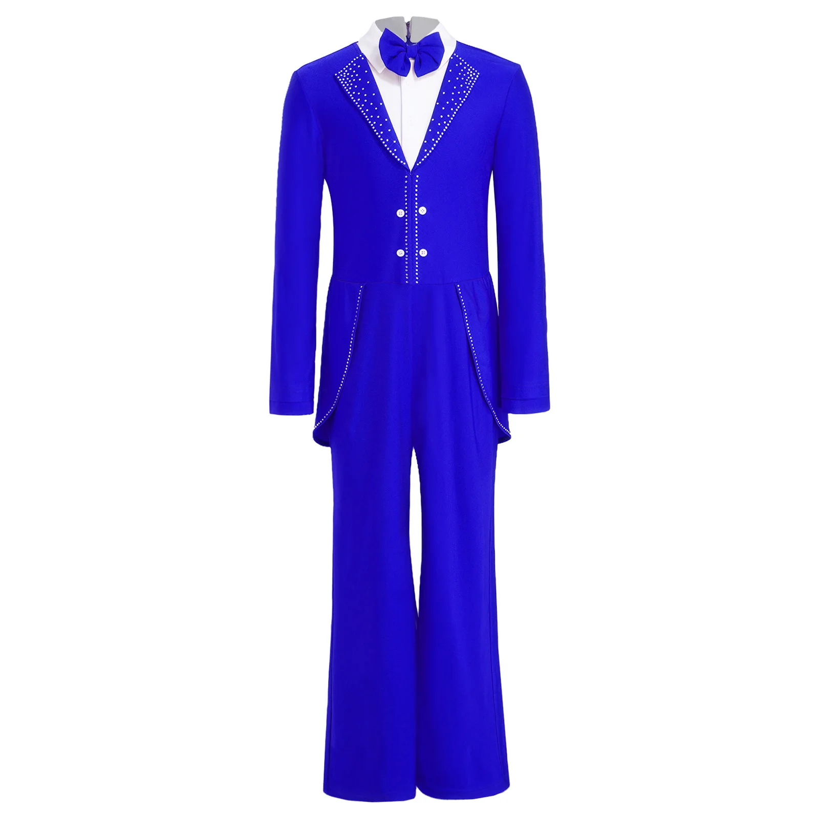 

Rhinestone Figure Ice Skating Dancewear for Boys Bow Tie Lapel Collar Long Sleeve Back Invisible Zipper Jumpsuit for Stage Show