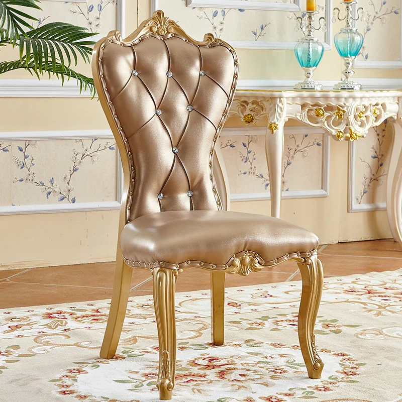 

European dining chair Full solid wood leather Dining chair Champagne golden yellow double-sided carved family dining chair